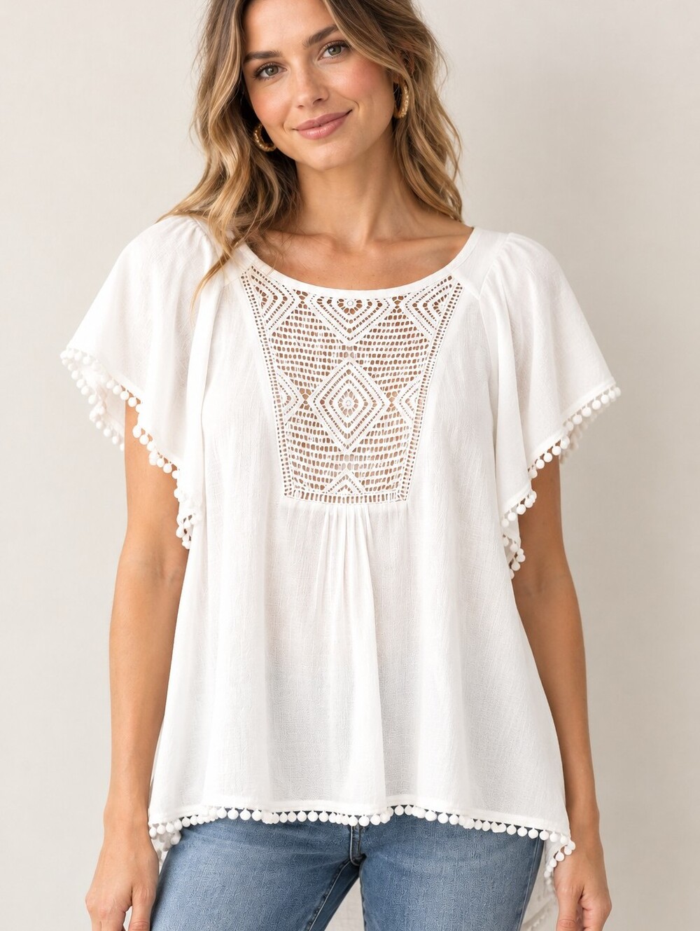 Anthropologie Meadow Rue Anele Boho Crochet Pom Pom Blouse White Medium